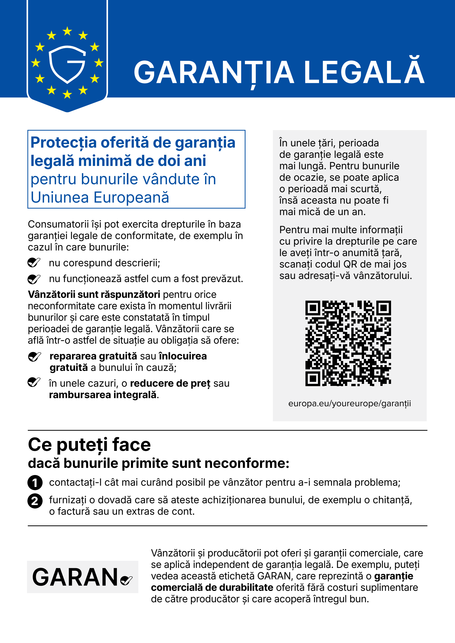 Notificare armonizată privind garanția legală de conformitate - Garanția legală minimă de doi ani pentru bunurile vândute în Uniunea Europeană